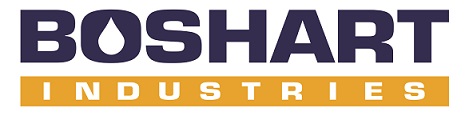 A blue and yellow logo of Boshart Industries.