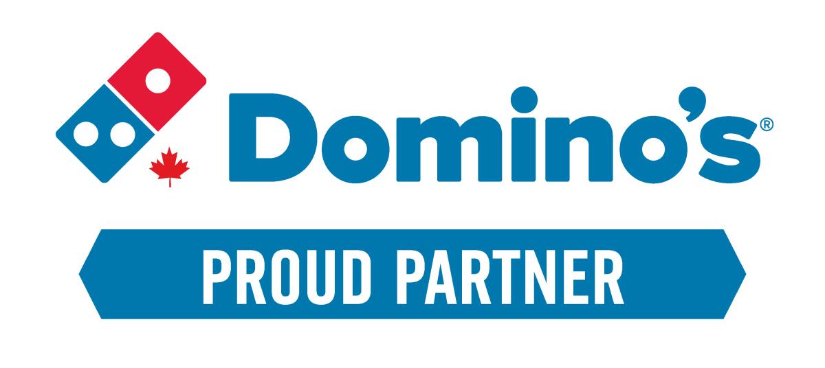 The blue Domino's logo that shows a red and blue dominos piece.