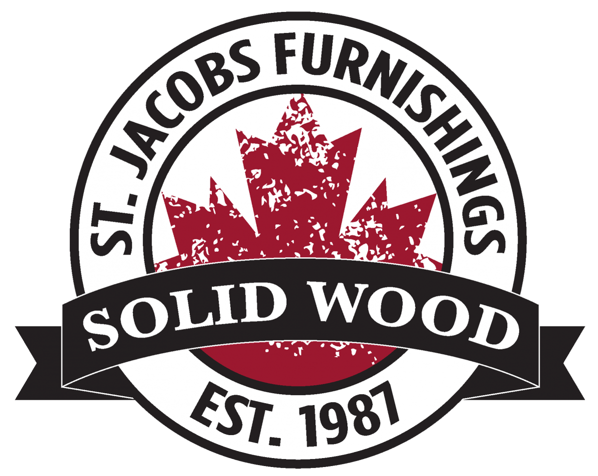 The St. Jacobs Furnishings logo which is round and has a rustic looking maple leaf.